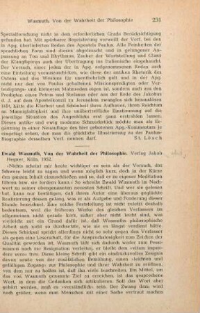 231-233 [Rezension] Wasmuth, Ewald, Von der Wahrheit der Philosophie