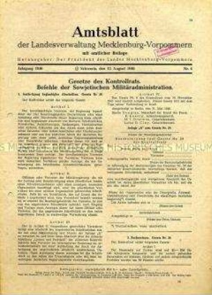 Amtliches Mitteilungsblatt für Mecklenburg-Vorpommern u.a. mit Gesetzen des Alliierten Kontrollrates und Befehlen der SMAD
