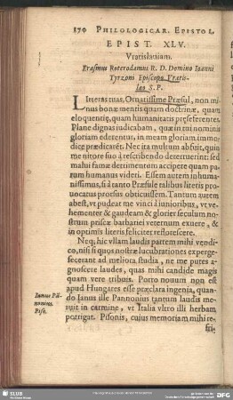 Epist. XLV. Vratislaviam. Erasmus Roterodamus R.D. Domino Joanni Tyrzoni Episcopo Vratislao S.P. : [Lovanii An. M.D. 19. 12. Kalend. Maias]