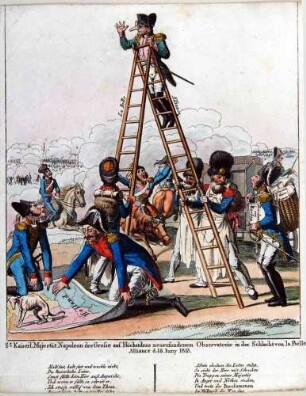 Napoleon-Karikatur: "Seine Kaiserl. Majestät Napoleon der Große auf Höchstdero neuerfundenem Observatorio in der Schalcht von La Belle Alliance d. 18. Juny 1815."
