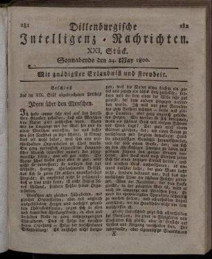 XXI. Stück. Sonnabends den 24. May 1800.