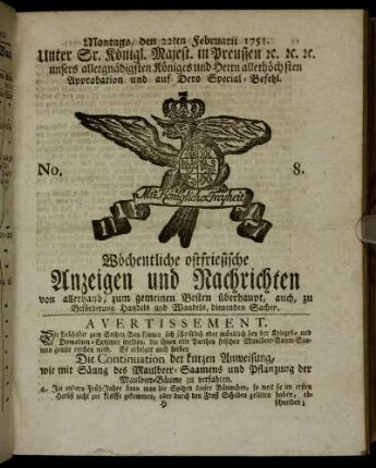 No. 8. Montags, den 22ten Februarii 1751.