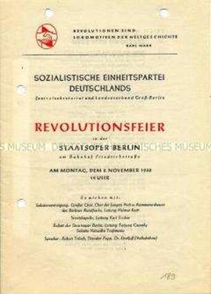 Programm einer Revolutionsfeier der SED zum Jahrestag der Novemberrevolution