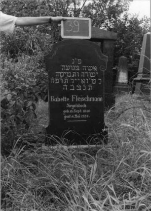 Grabstein 39 (Index: 99753488) Material: Granit Zustand: gut Maße HxBxT: 113x54x16 cm Beschreibung: Stele, Sockel, geschwungener Segmentbogenabschluß Symbolik: Voluten, Vorhangfries: Grabstein 39
