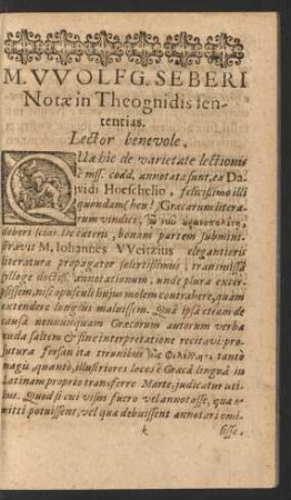 M. Wolfg. Seberi Notae in Theognidis sententias
