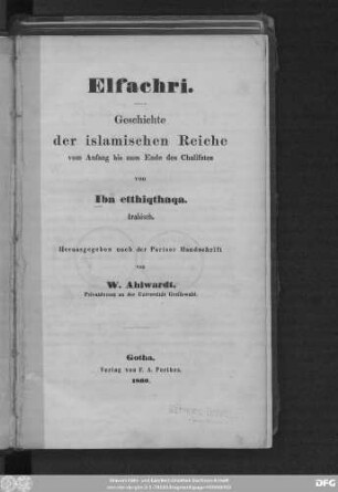 Elfachri : Geschichte der islamischen Reiche vom Anfang bis zum Ende des Chalifates ; Arabisch