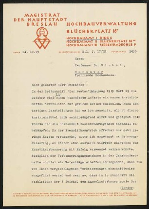 Jahrhunderthalle, Breslau Akustikgutachten: Brief von Konwiarz an Michel (zweiseitig)