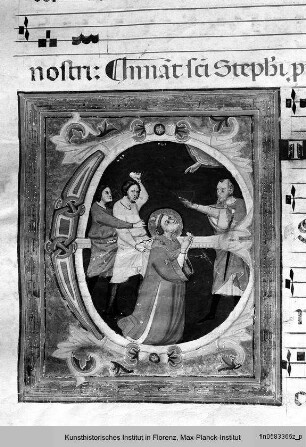 Initiale E mit der Steinigung des Heiligen Stephanus - Antiphonarium proprium de tempore et Commune Sanctorum