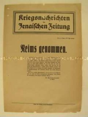 Nachrichtenblatt der "Jenaischen Zeitung" zur Einnahme von Reims
