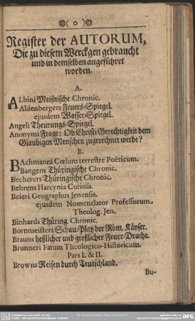 Register der Autorum, Die zu diesem Werckgen gebraucht und in demselben angeführet worden