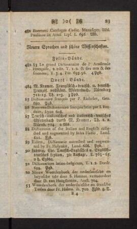 23-31, Neuere Sprachen und schöne Wissenschaften. Folio-Bände. Quart-Bände. Octav-Bände. Duodez-Bände.