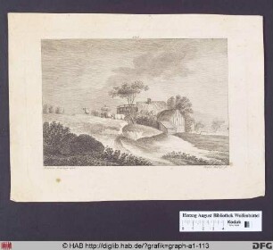 Landschaft mit Vieh und Bauernhof.