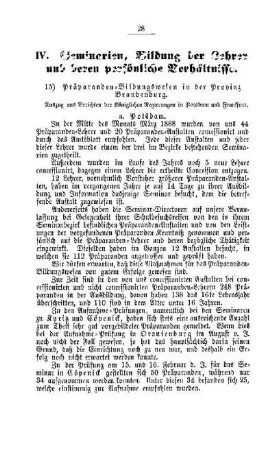 Präparanden-Bildungswesen in der Provinz Brandenburg : [IV. Seminarien, Bildung der Lehrer und deren persönliche Verhältnisse]