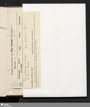 Formular zur "Fremden-Anmeldung aus Hotel Bellevue" vom 27.10.1912