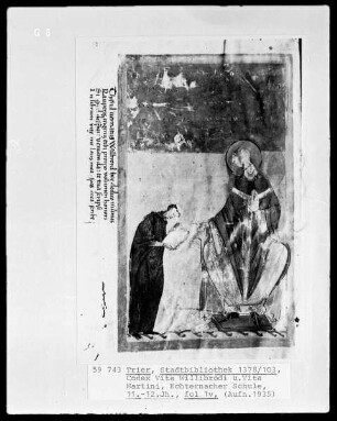 Vita Sancti Willibrordi et Sancti Martini — Theofried von Echternach überreicht sein Werk Bischof Willibrord, Folio 1verso