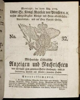 No. 32. Montags, den 10ten Aug. 1778.