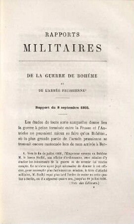 Rapports militaires : écrits de Berlin ; 1866 - 1870