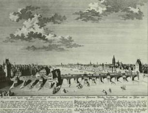Prospect der Steinernen Brücken zwischen Franckfurth am Mayn und Sachsenhausen : Frankfurt/Main, Alte Mainbrücke