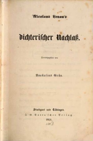 Nicolaus Lenau's dichterischer Nachlaß