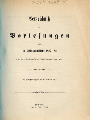 Verzeichnis der Vorlesungen der Universität zu Greifswald. 1887/88 WH