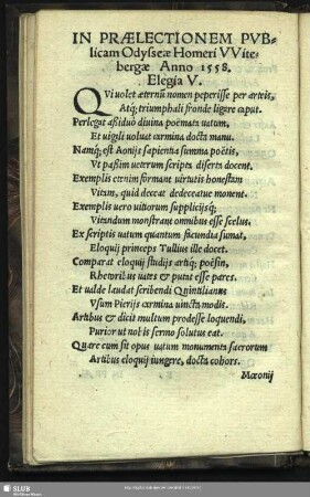 In Praelectionem Publicam Odysseae Homeri Witebergae Anno 1558. Elegia V.