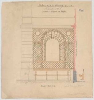 Thiersch, August ; München, Georgenstr. 4; Wohnhaus Steinmetz - Mauerspalier mit Bank an der Nord - u. Südseite (Ansicht, Schnitt)