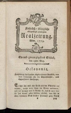 Ein und zwanzigstes Stück; den 25ten May. Wien, 1775.
