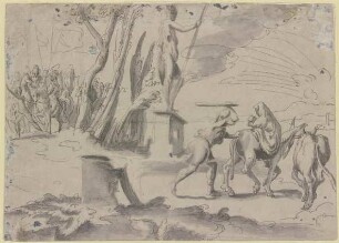 Landschaft mit der Flucht nach Ägypten, rechts die Heilige Familie, in der Mitte eine antike Statue, links die Gruppe der Verfolger