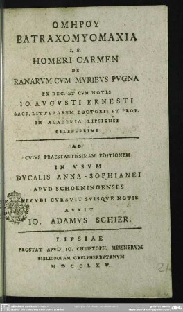 Homeru Batrachomyomachia I. E. Homeri Carmen De Ranarum Cum Muribus Pugna
