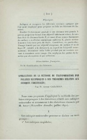 Applications de la méthode de transformation par polaires réciproques a des théorèmes relatifs aux cubiques unicursales.