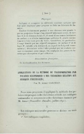 Applications de la méthode de transformation par polaires réciproques a des théorèmes relatifs aux cubiques unicursales.