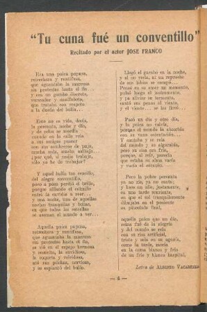 "Tu cuna fué un conventillo" : Recitado por el actor José Franco