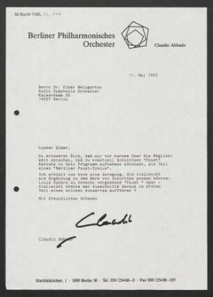 Brief an Elmar Weingarten an Radio-Symphonie-Orchester Berlin, 11.05.1993