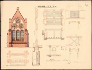 Kleines Backsteingebäude mit Giebel: Ansicht, Details der Konstruktion von Fundament, Decken und Mauern, 1:50, 1:33,33