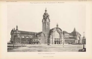 Hauptbahnhof, Wiesbaden: Ansicht von Nordosten (aus: Atlas zur Zeitschrift für Bauwesen, hrsg. v. Ministerium der öffentlichen Arbeiten, Jg. 58, 1908)
