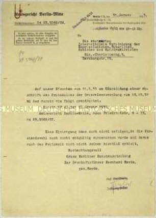 Schreiben des Amtsgerichtes Berlin-Mitte an die Künstlervereinigung "Die Zeitgemäßen" (Die Abstrakten) zu Eintragungen in das Vereinsregister - Sachkonvolut