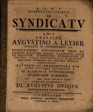 Diss. iur. de syndicatu