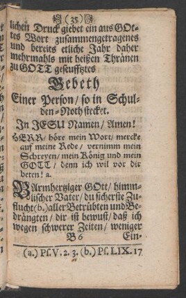Gebeth Einer Person/ so in Schulden-Noth stecket.