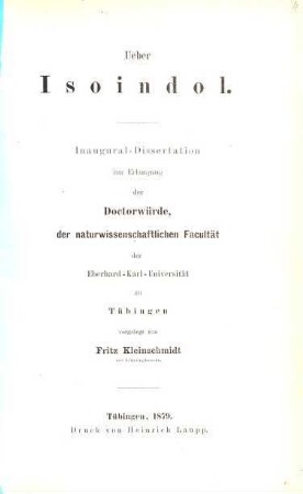 Ueber Isoindol : Tübing. Inaug. Dissert.