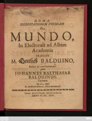 Dissertationem Physicam De Mundo