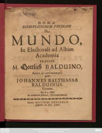 Dissertationem Physicam De Mundo