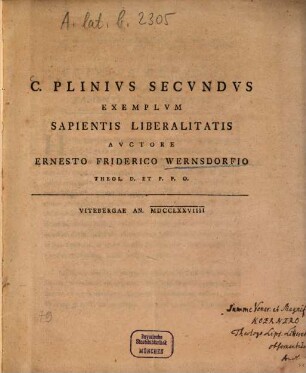 C. Plinivs Secvndvs Exemplvm Sapientis Liberalitatis