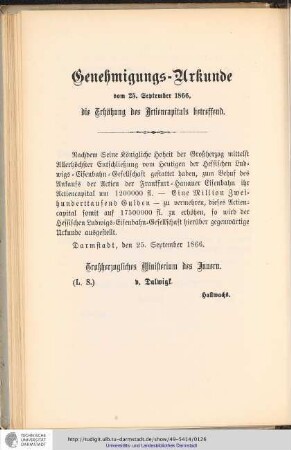 Genehmigungs-Urkunde die Erhöhung des Aktienkapitals betreffend