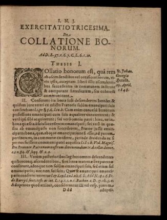 Exercitatio Tricesima. De Collatione Bonorum. Thesis I. - XVII.