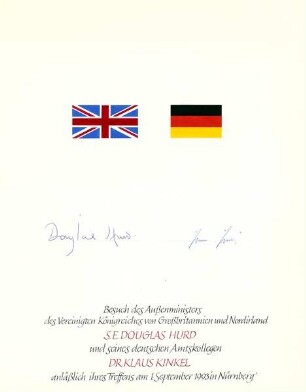 Douglas Hurd, Außenminister Großbritannien und Nordirland; Klaus Kinkel, Außenminister BRD