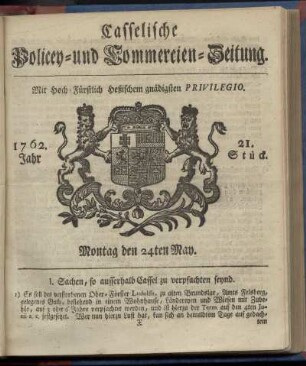 21. Stueck, Montag den 24ten May 1762