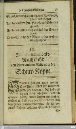 III. Johann Climmbecks Nachricht von seiner andern Reise nach der Schnee-Koppe
