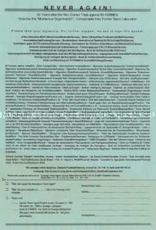Propagandaflugblatt für die Auflösung der IG Farben und die Entschädigung von Zwangsarbeitern (in engl. Sprache)