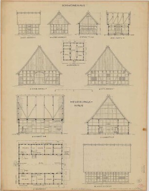 Schröttinghausen (Kreis Halle): Hof Heining. - Schweinehaus (Grundriss, Nordansicht, Ostansicht, Schnitte). - Heuerlingshaus (Grundriss, Nordansicht, Südansicht, Westansicht, Schnitte)