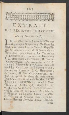 Extrait Des Registres Du Conseil Du 24 Novembre 1767